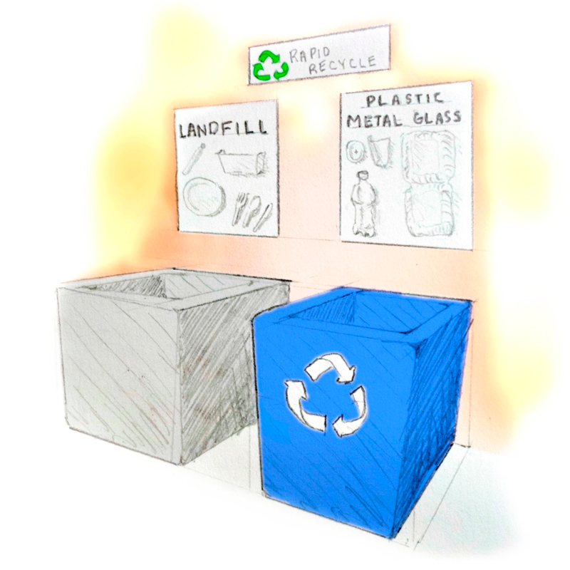 Sketch of a recycling bin next to a trash bin