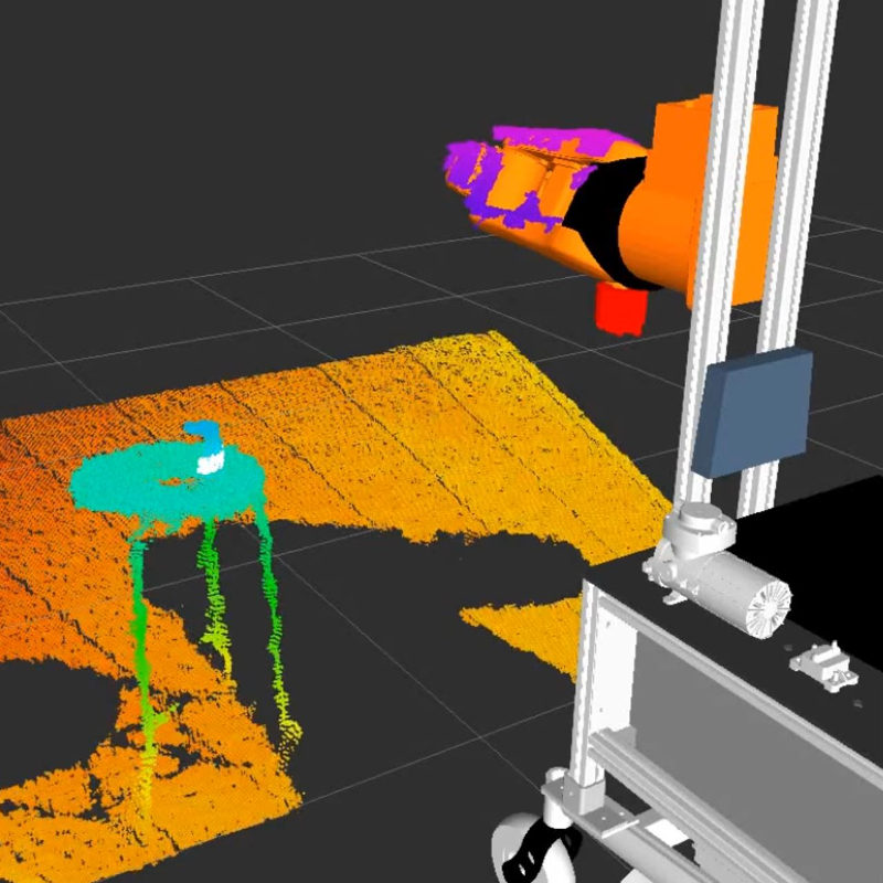 A simulation of a robotic arm and what the robot sees through an Xbox Kinect